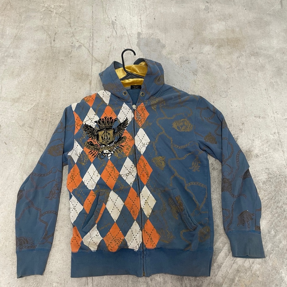 Christian Audigier Blue and Orange Argyle Zip-Up Sweater